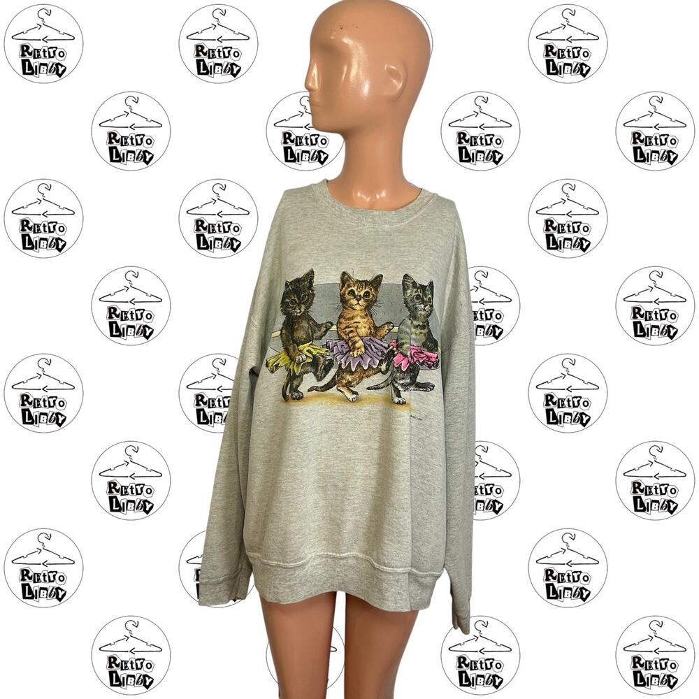 VTG 90s L Gray Ballet Tutu Kittens Graphic Sweatshirt USA Grandmacore Casual